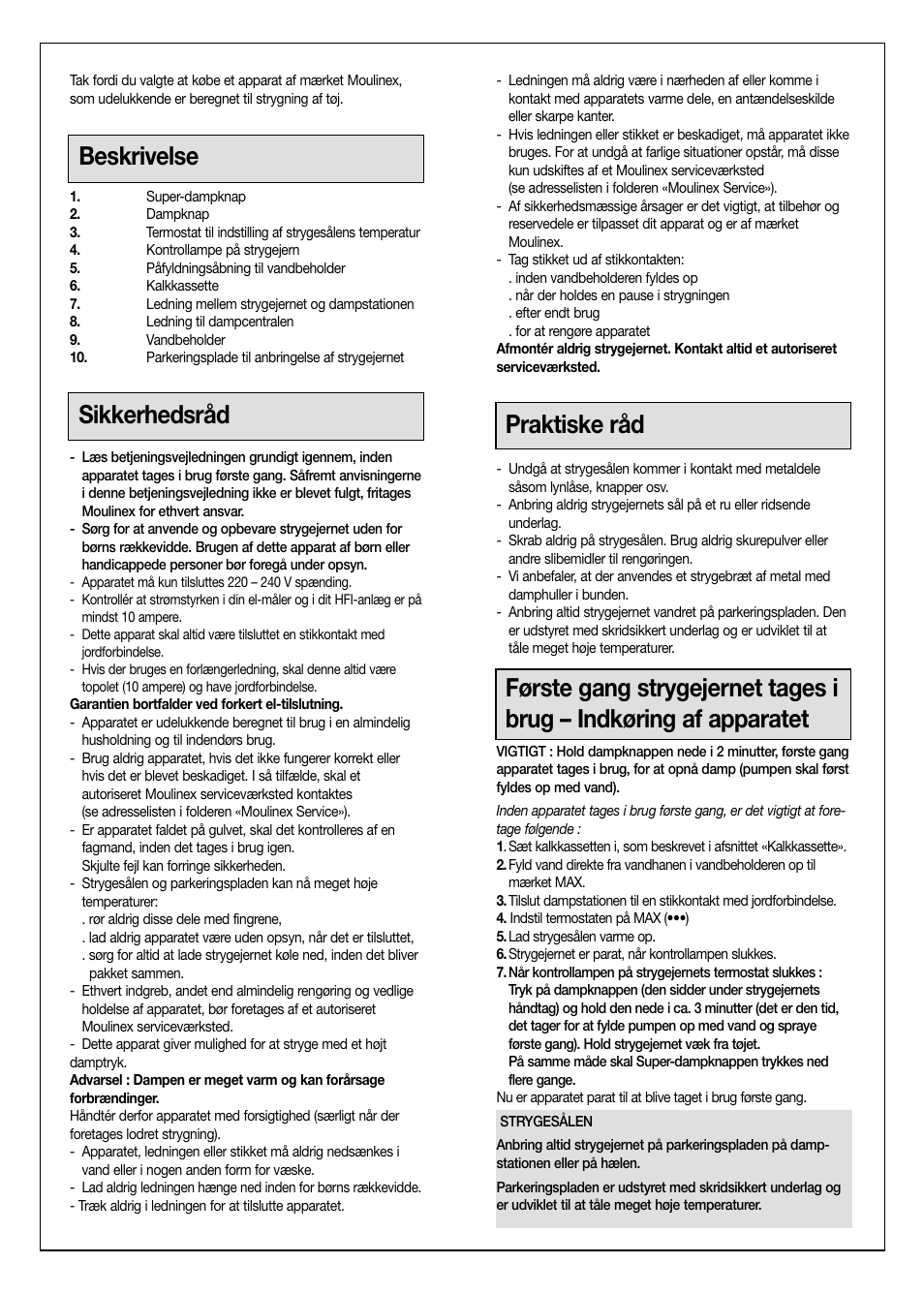 Beskrivelse, Sikkerhedsråd, Praktiske råd | Moulinex Aquaplus IRON User Manual | Page 20 / 28