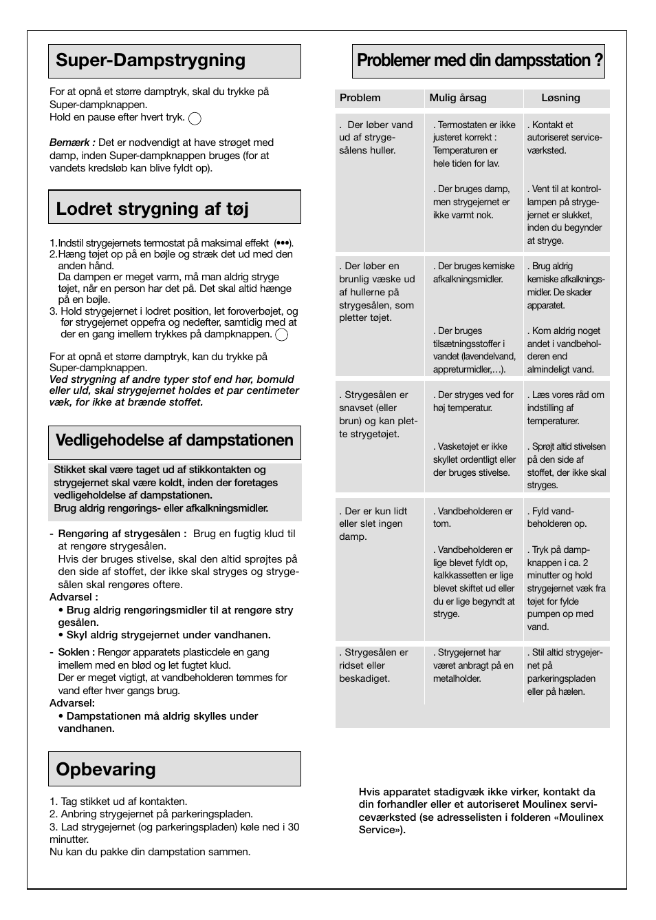 Super-dampstrygning, Lodret strygning af tøj, Opbevaring | Problemer med din dampsstation, Vedligehodelse af dampstationen | Moulinex Aquaplus IRON User Manual | Page 22 / 28