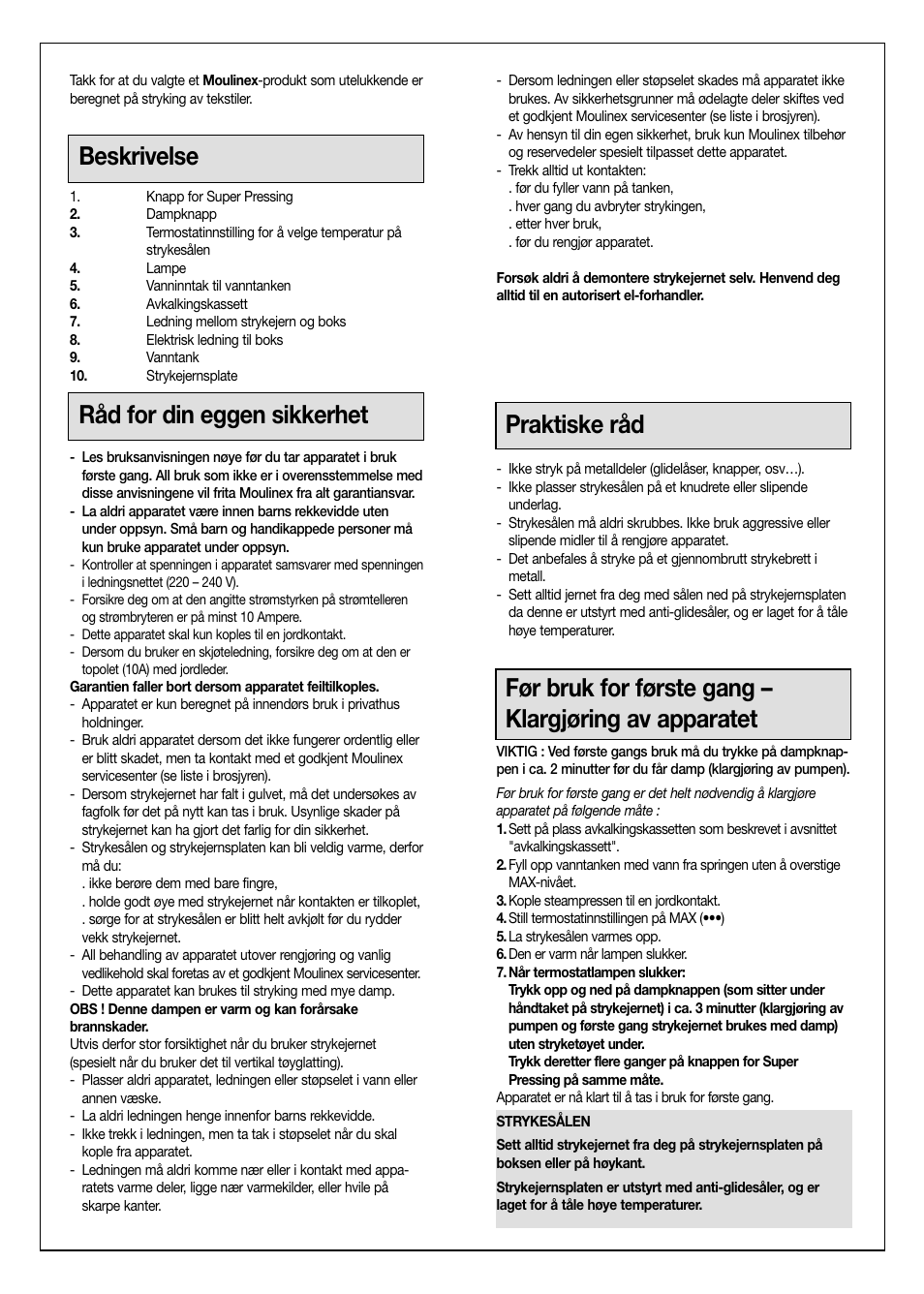 Beskrivelse, Råd for din eggen sikkerhet, Praktiske råd | Moulinex Aquaplus IRON User Manual | Page 23 / 28
