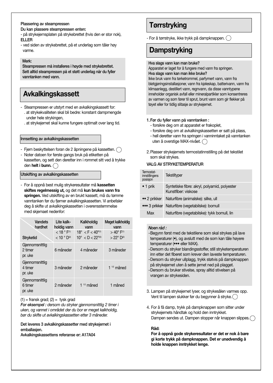 Avkalkingskassett, Tørrstryking, Dampstryking | Moulinex Aquaplus IRON User Manual | Page 24 / 28