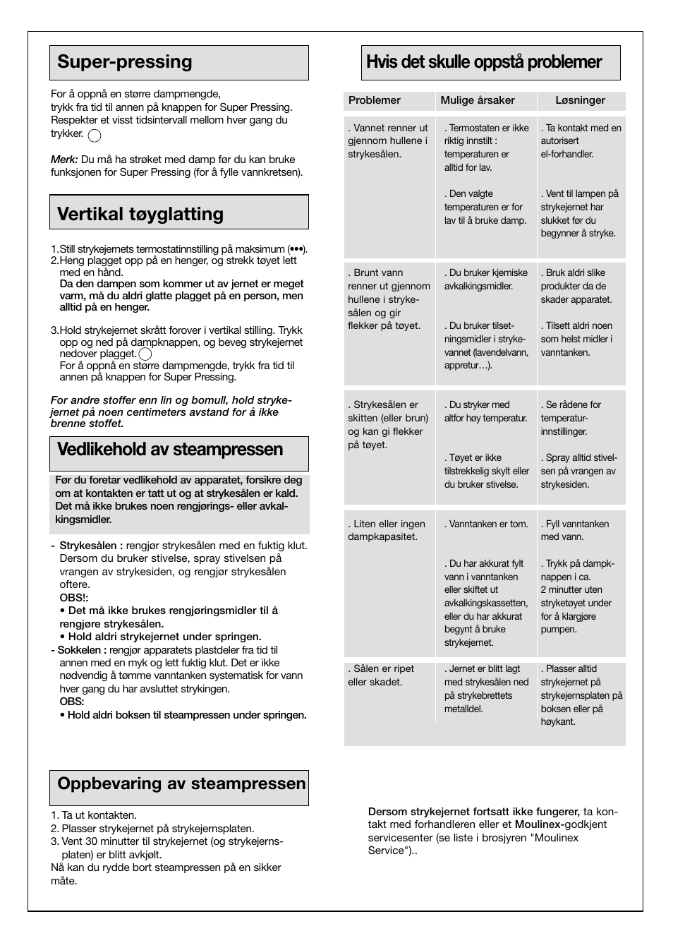 Super-pressing, Vertikal tøyglatting, Vedlikehold av steampressen | Hvis det skulle oppstå problemer, Oppbevaring av steampressen | Moulinex Aquaplus IRON User Manual | Page 25 / 28