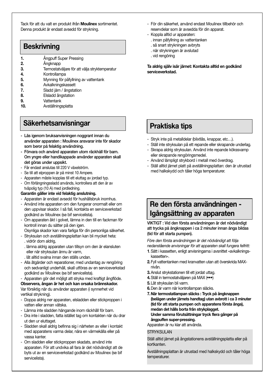 Beskrivning, Säkerhetsanvisningar, Praktiska tips | Moulinex Aquaplus IRON User Manual | Page 26 / 28
