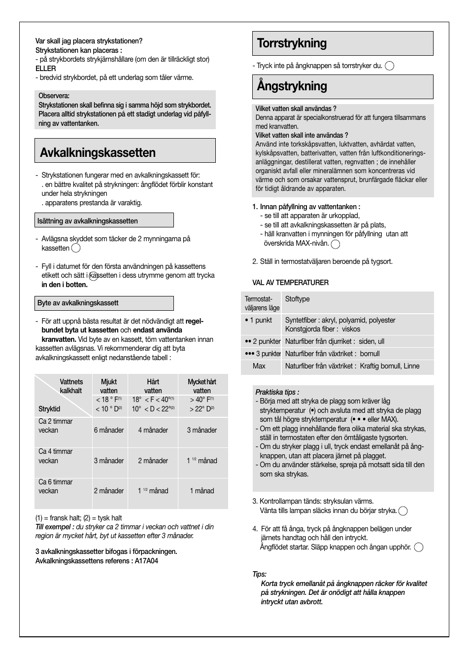 Avkalkningskassetten, Torrstrykning, Ångstrykning | Moulinex Aquaplus IRON User Manual | Page 27 / 28