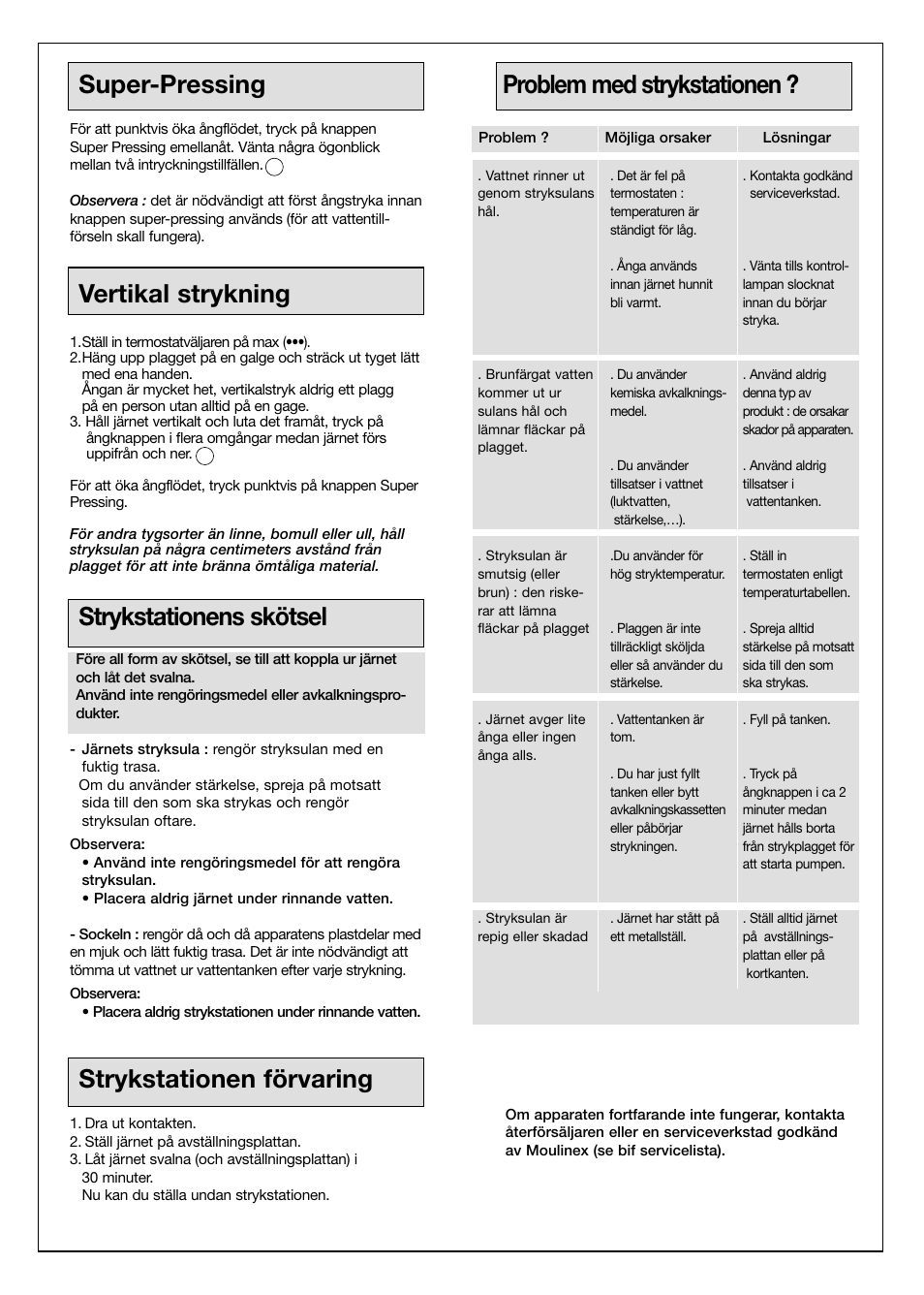Super-pressing, Vertikal strykning, Strykstationens skötsel | Strykstationen förvaring, Problem med strykstationen | Moulinex Aquaplus IRON User Manual | Page 28 / 28