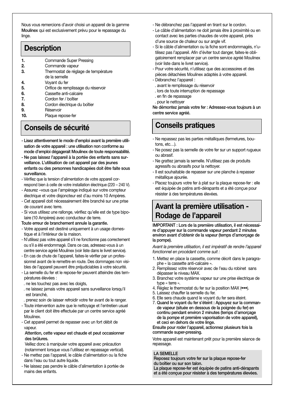 Description, Conseils de sécurité, Conseils pratiques | Moulinex Aquaplus IRON User Manual | Page 5 / 28