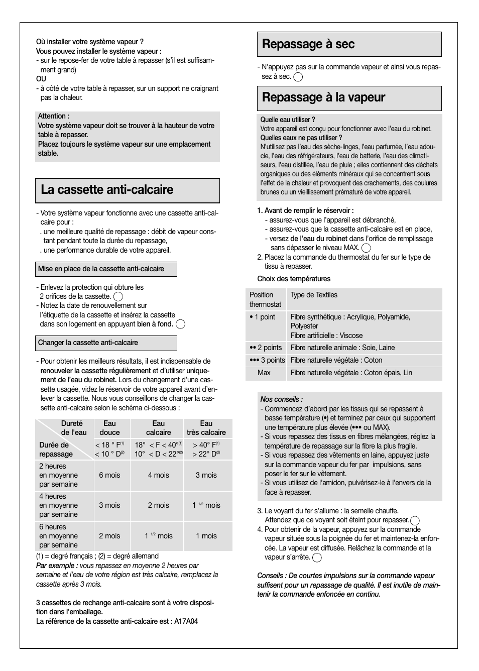 La cassette anti-calcaire, Repassage à sec, Repassage à la vapeur | Moulinex Aquaplus IRON User Manual | Page 6 / 28
