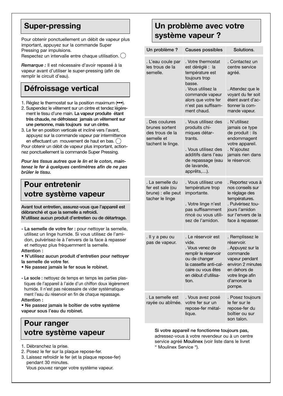 Super-pressing, Défroissage vertical, Pour entretenir votre système vapeur | Pour ranger votre système vapeur, Un problème avec votre système vapeur | Moulinex Aquaplus IRON User Manual | Page 7 / 28