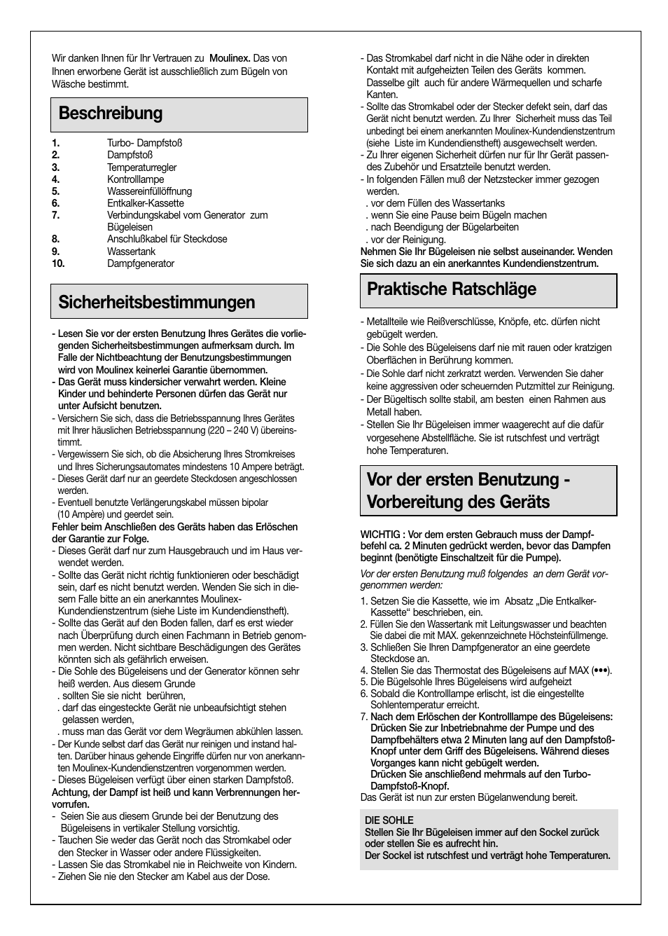 Beschreibung, Sicherheitsbestimmungen, Praktische ratschläge | Vor der ersten benutzung - vorbereitung des geräts | Moulinex Aquaplus IRON User Manual | Page 8 / 28