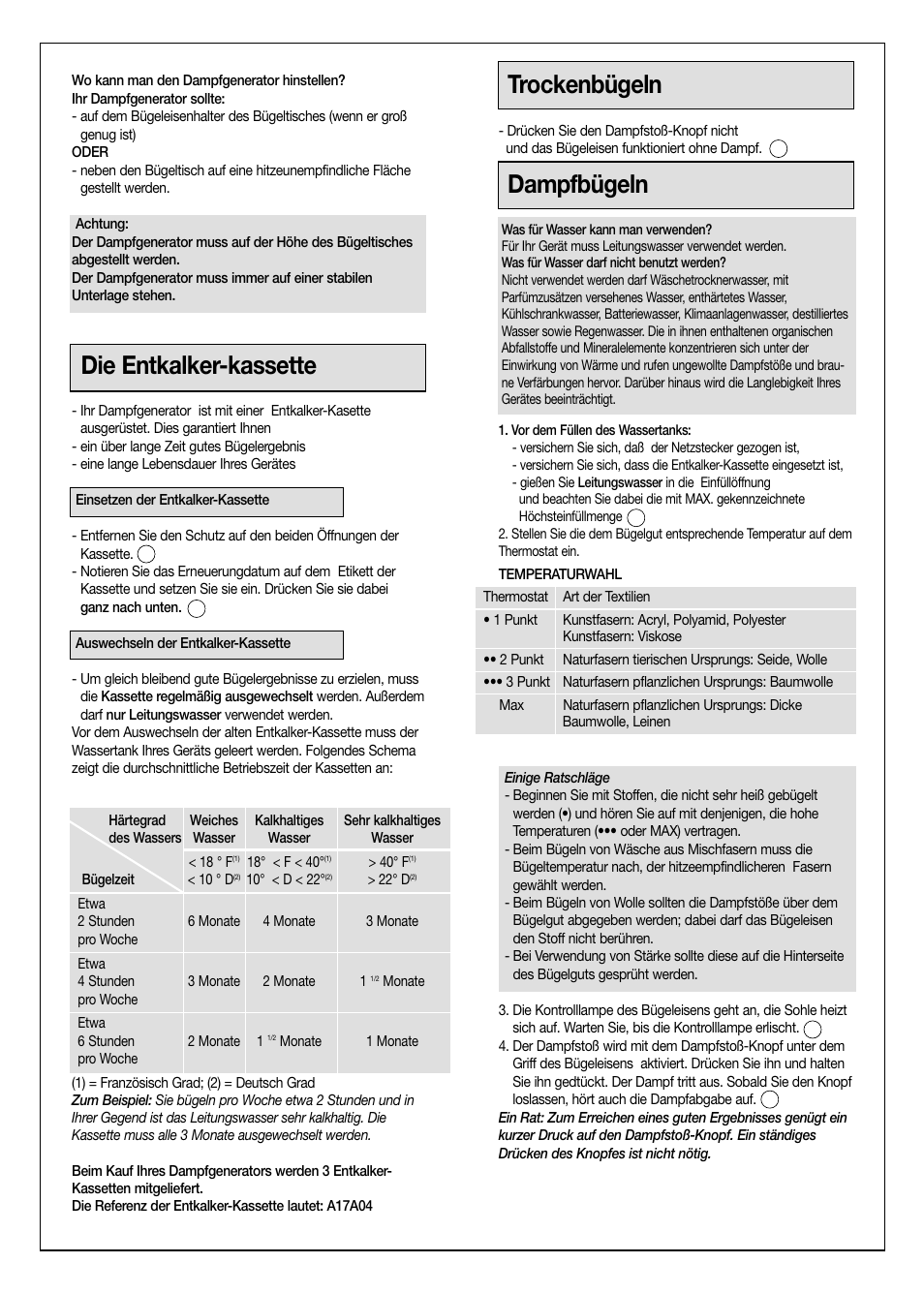 Die entkalker-kassette, Trockenbügeln, Dampfbügeln | Moulinex Aquaplus IRON User Manual | Page 9 / 28