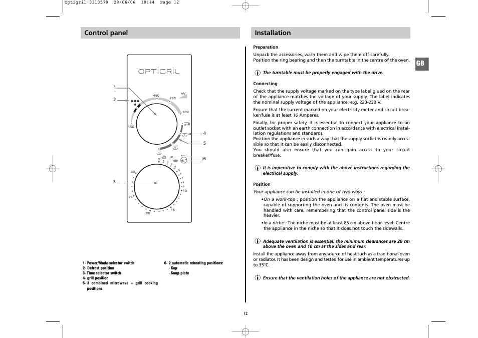 Control panel, Installation | Moulinex 5141 User Manual | Page 3 / 10