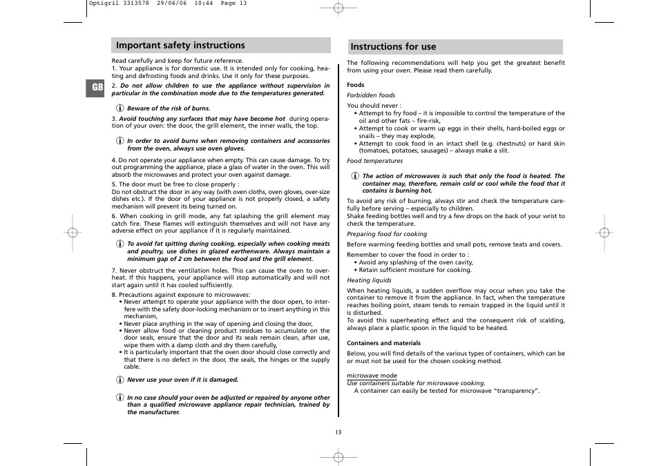 Important safety instructions, Instructions for use gb | Moulinex 5141 User Manual | Page 4 / 10