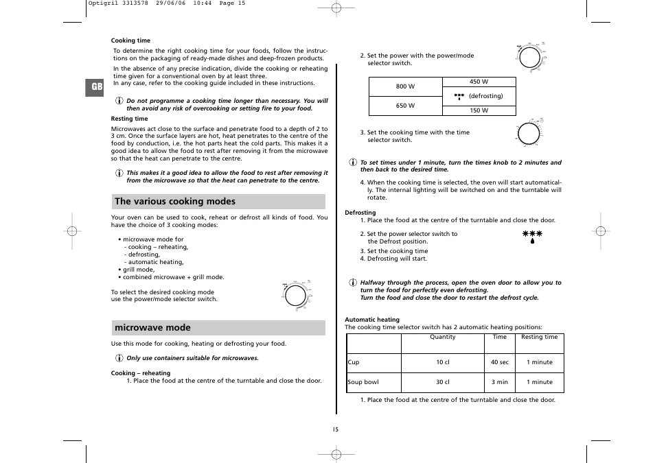 Microwave mode the various cooking modes | Moulinex 5141 User Manual | Page 6 / 10
