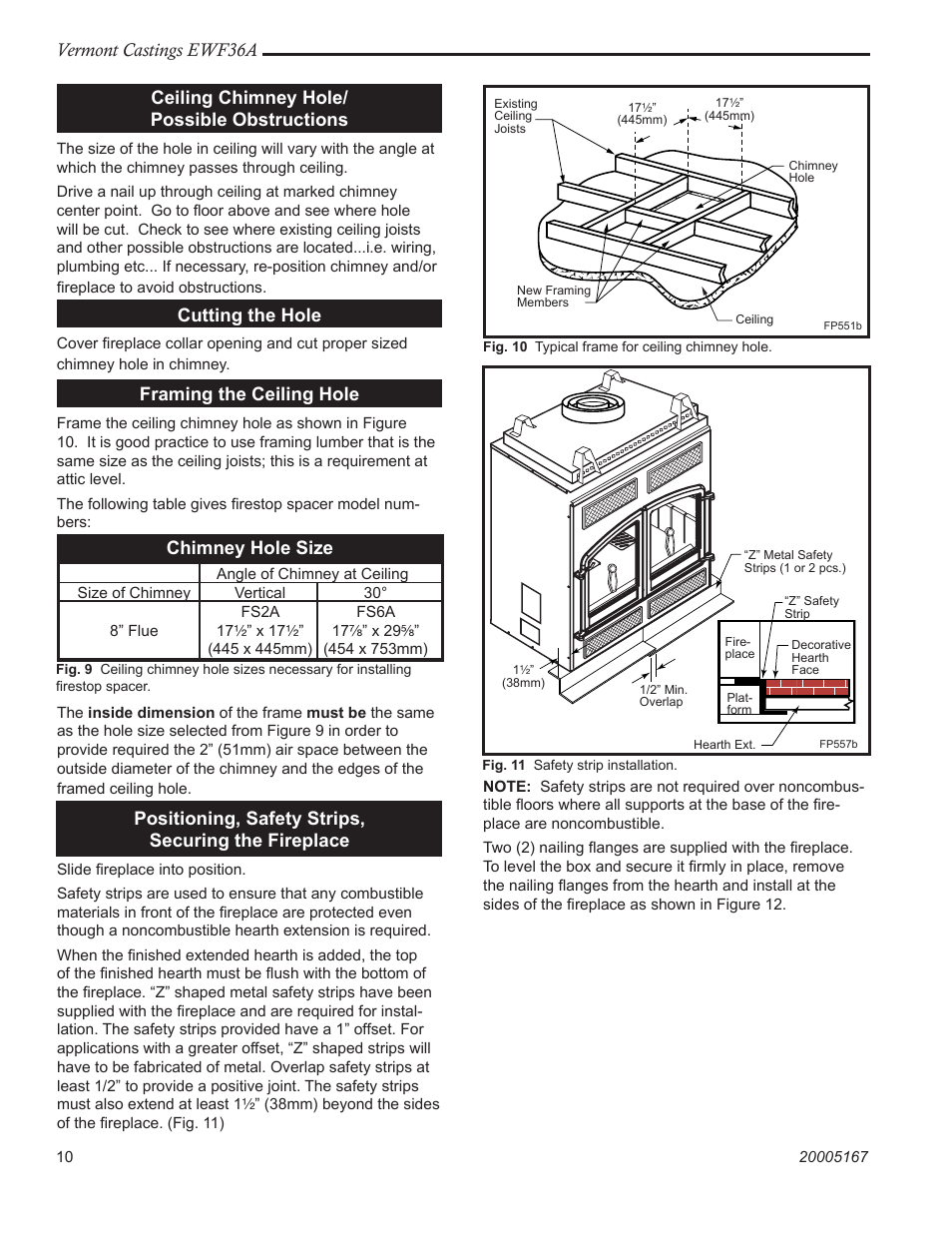 Vermont castings ewf36a, Ceiling chimney hole/ possible obstructions, Cutting the hole | Framing the ceiling hole, Positioning, safety strips, securing the fireplace, Chimney hole size | MHP EWF36A User Manual | Page 10 / 32