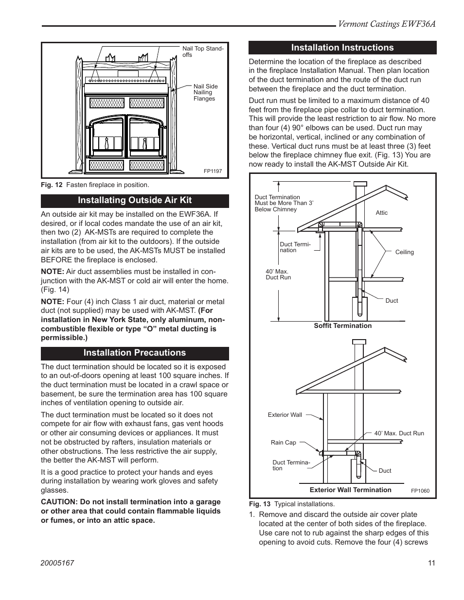 Vermont castings ewf36a, Installating outside air kit, Installation precautions | Installation instructions | MHP EWF36A User Manual | Page 11 / 32