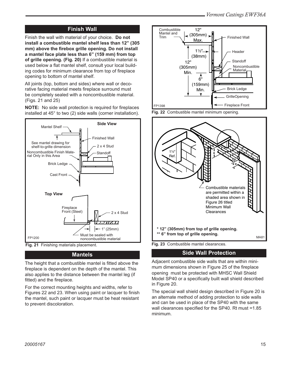 Vermont castings ewf36a, Finish wall, Mantels | Side wall protection | MHP EWF36A User Manual | Page 15 / 32