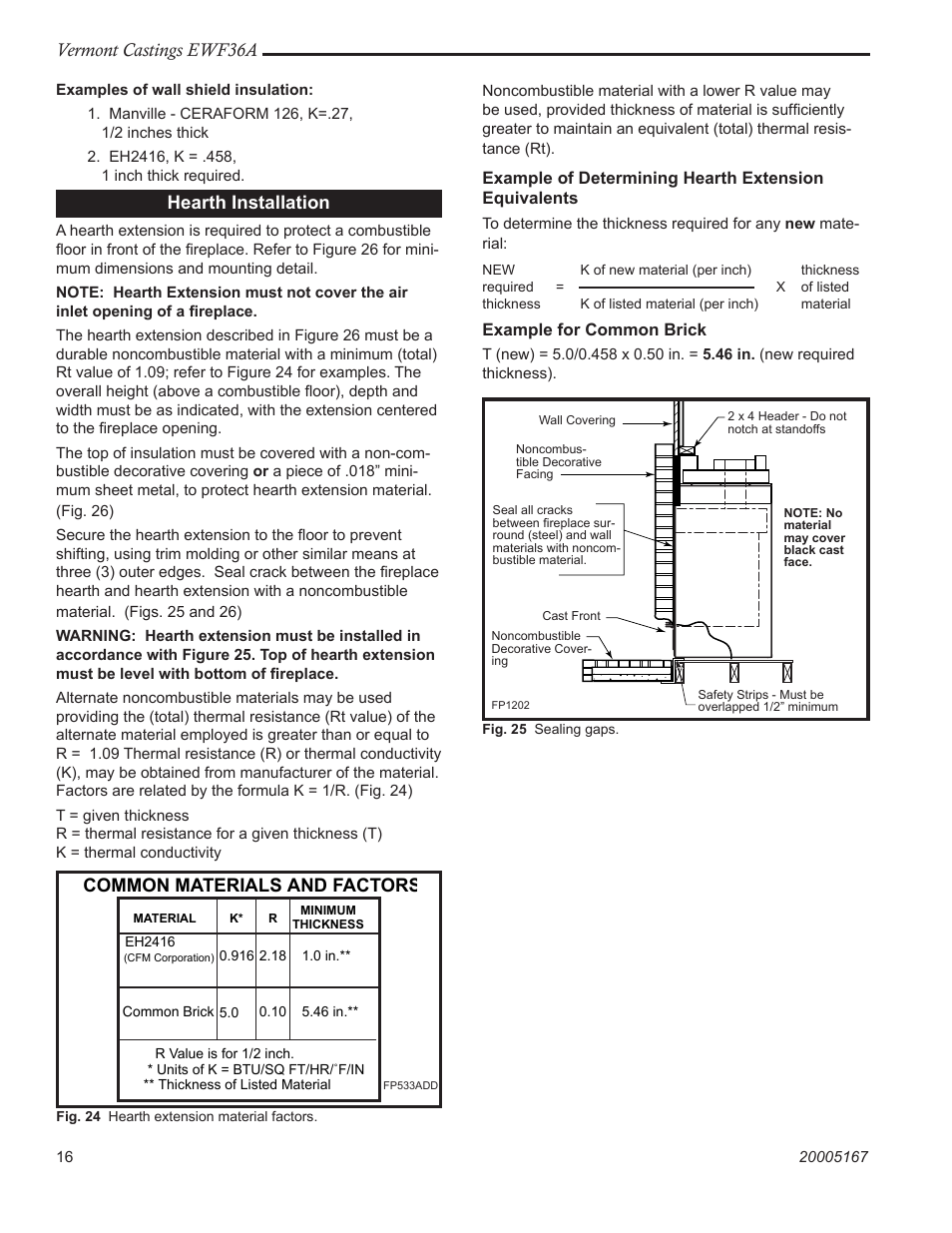 Vermont castings ewf36a, Hearth installation, Common materials and factors | MHP EWF36A User Manual | Page 16 / 32