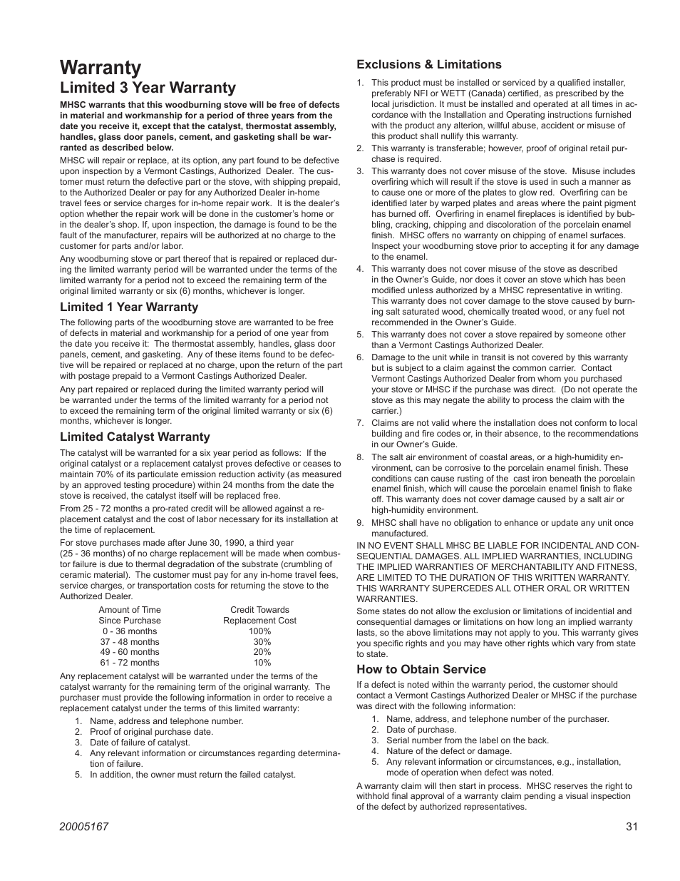 Warranty, Limited 3 year warranty, Vermont castings ewf36a | Limited 1 year warranty, Limited catalyst warranty, Exclusions & limitations, How to obtain service | MHP EWF36A User Manual | Page 31 / 32