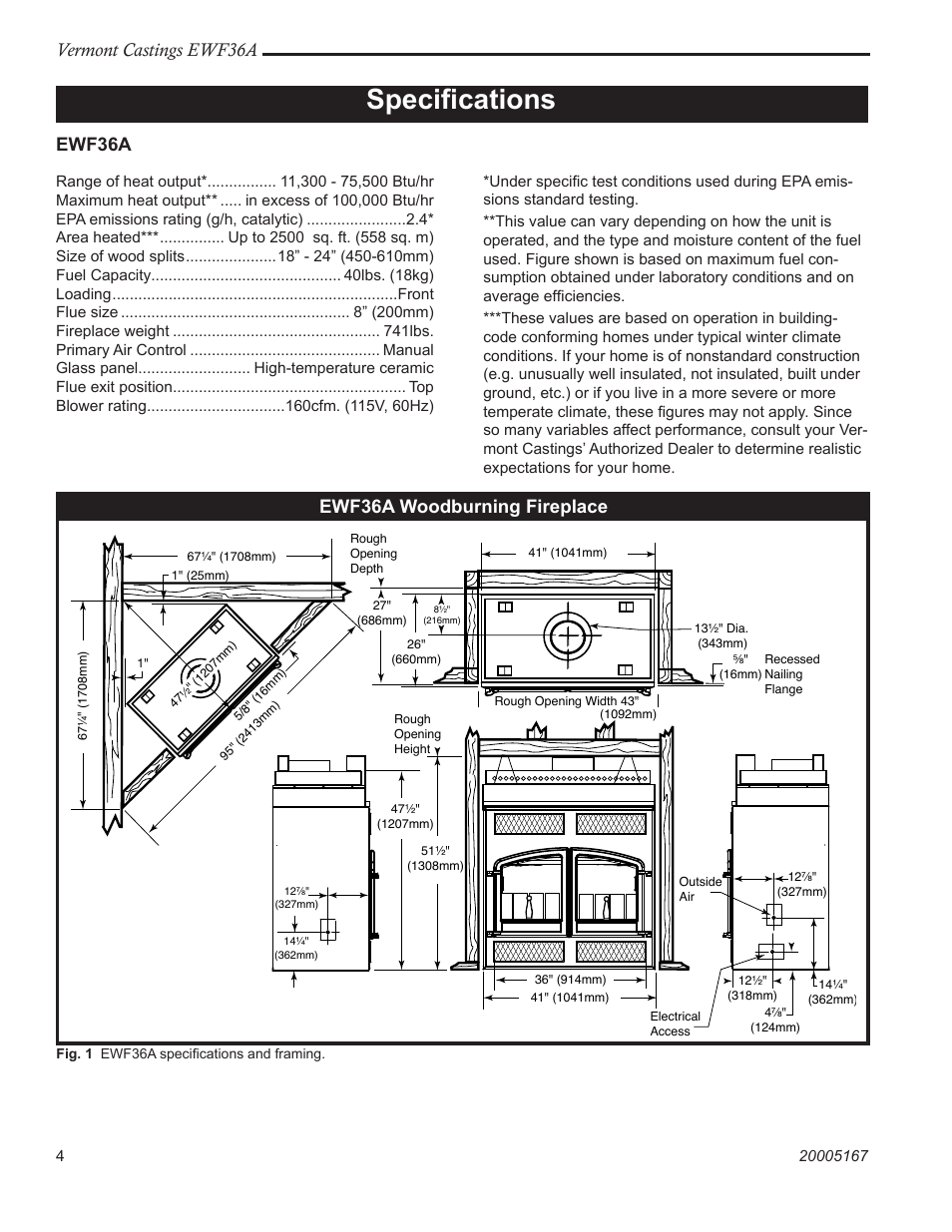 Specifications, Vermont castings ewf36a, Ewf36a | Ewf36a woodburning fireplace | MHP EWF36A User Manual | Page 4 / 32