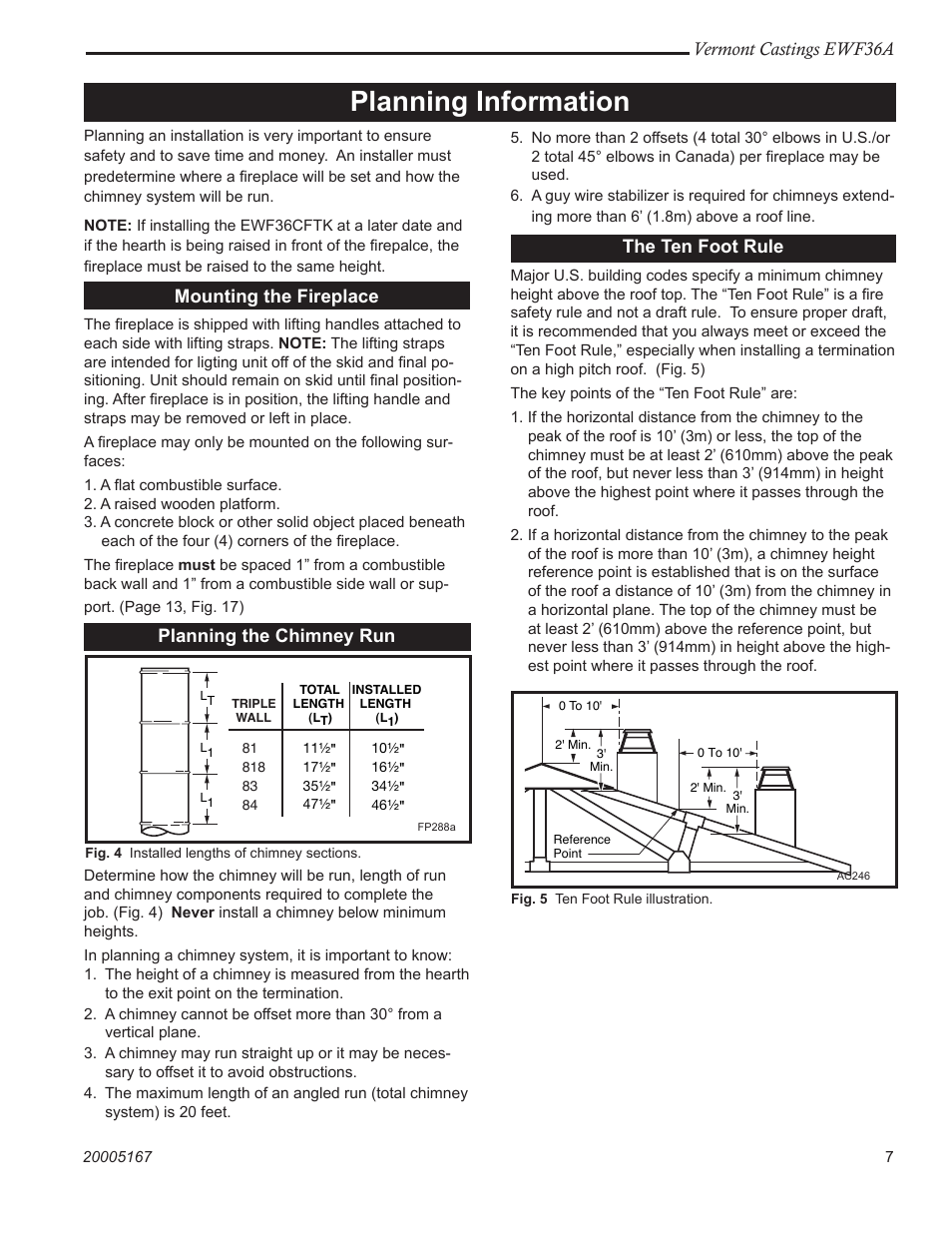 Planning information, Vermont castings ewf36a, The ten foot rule | Mounting the fireplace, Planning the chimney run | MHP EWF36A User Manual | Page 7 / 32