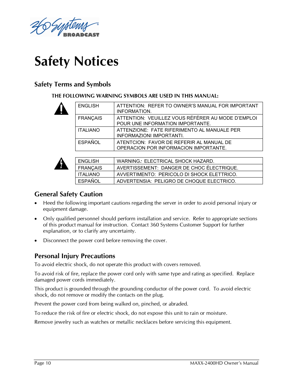 Safety notices, Safety terms and symbols, General safety caution | Personal injury precautions | Maxxsonics High Definition Video Server MAXX-2400HD User Manual | Page 10 / 139