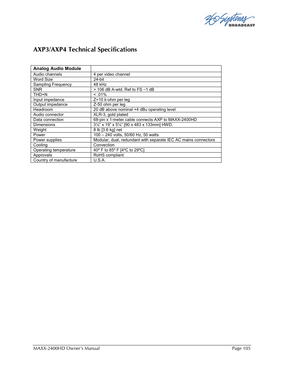 Axp3/axp4 technical specifications | Maxxsonics High Definition Video Server MAXX-2400HD User Manual | Page 105 / 139