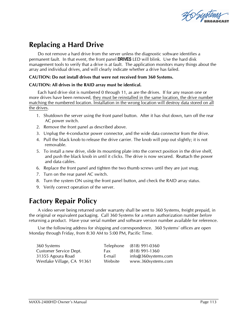 Replacing a hard drive, Factory repair policy | Maxxsonics High Definition Video Server MAXX-2400HD User Manual | Page 113 / 139