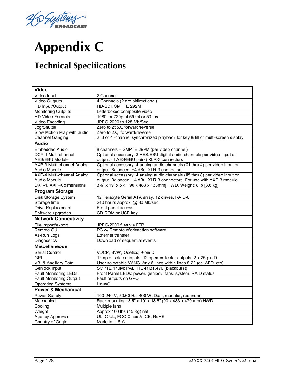 Appendix c, Technical specifications | Maxxsonics High Definition Video Server MAXX-2400HD User Manual | Page 128 / 139