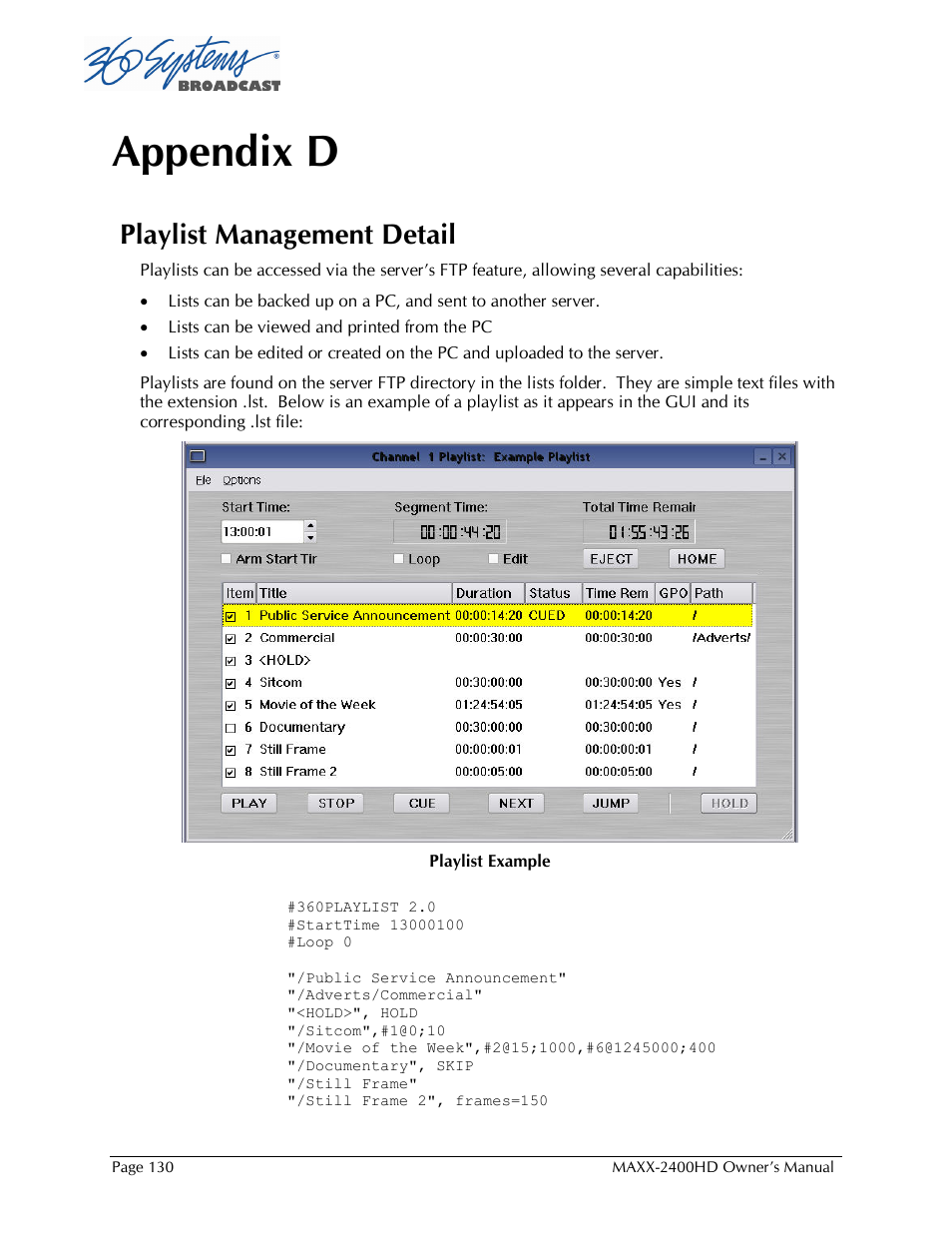 Appendix d, Playlist management detail | Maxxsonics High Definition Video Server MAXX-2400HD User Manual | Page 130 / 139