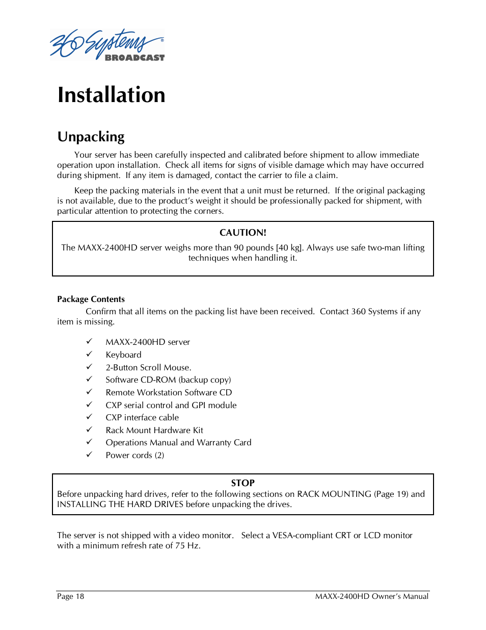 Installation, Unpacking | Maxxsonics High Definition Video Server MAXX-2400HD User Manual | Page 18 / 139
