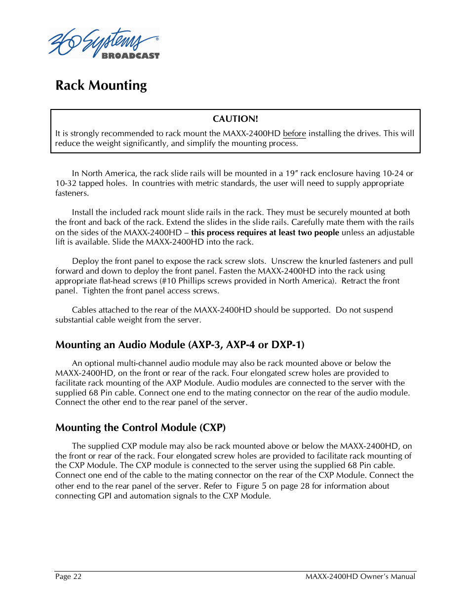 Rack mounting | Maxxsonics High Definition Video Server MAXX-2400HD User Manual | Page 22 / 139