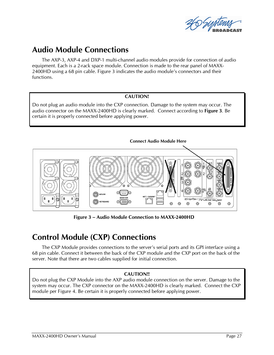 Audio module connections, Control module (cxp) connections | Maxxsonics High Definition Video Server MAXX-2400HD User Manual | Page 27 / 139