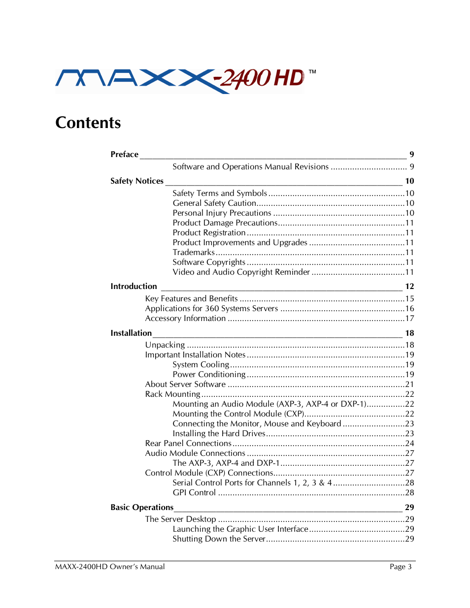 Maxxsonics High Definition Video Server MAXX-2400HD User Manual | Page 3 / 139