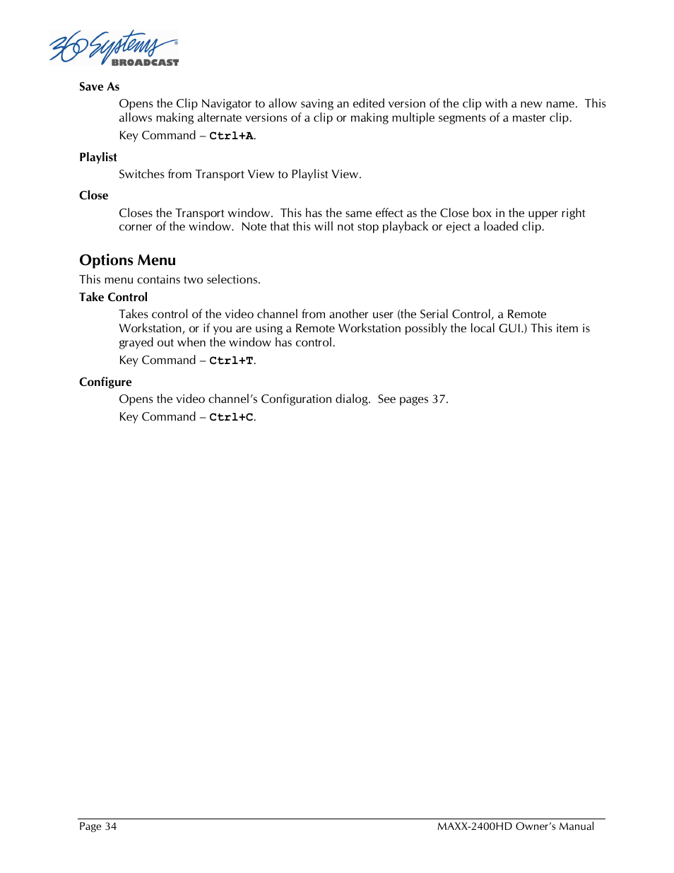 Options menu | Maxxsonics High Definition Video Server MAXX-2400HD User Manual | Page 34 / 139