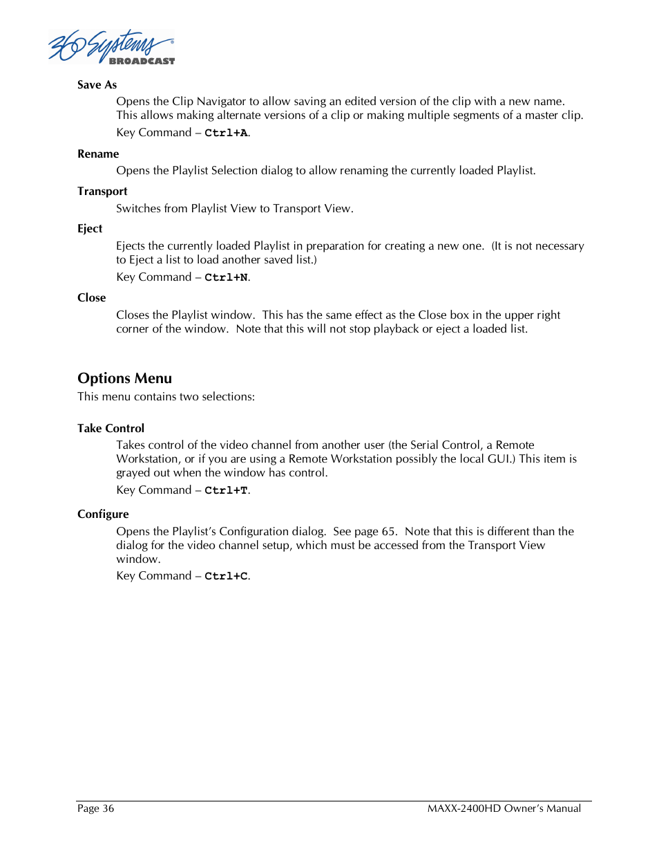 Options menu | Maxxsonics High Definition Video Server MAXX-2400HD User Manual | Page 36 / 139