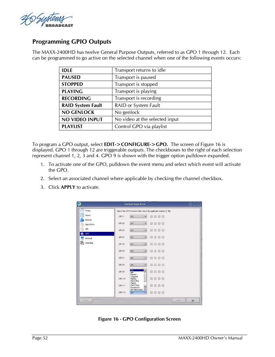 Programming gpio outputs | Maxxsonics High Definition Video Server MAXX-2400HD User Manual | Page 52 / 139