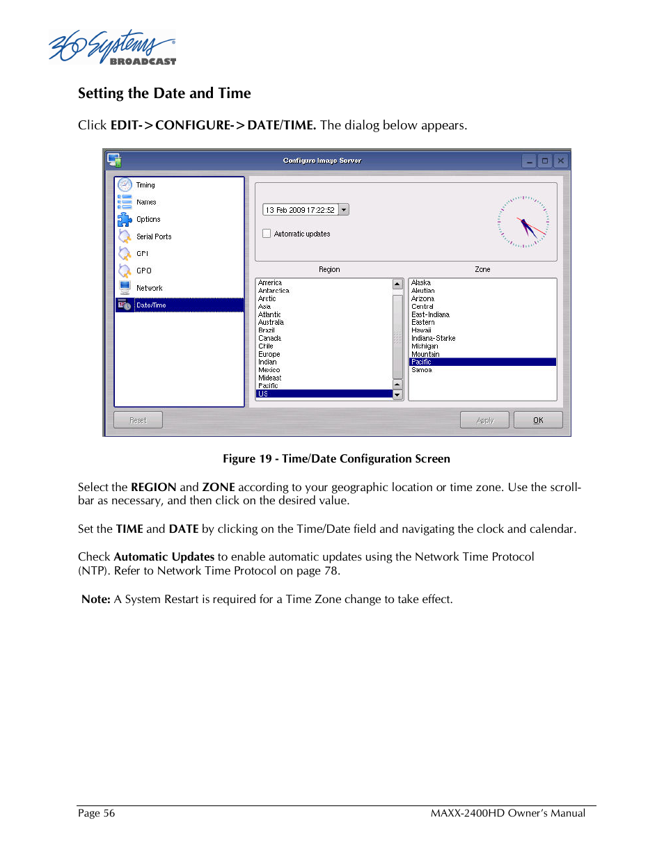 Setting the date and time | Maxxsonics High Definition Video Server MAXX-2400HD User Manual | Page 56 / 139