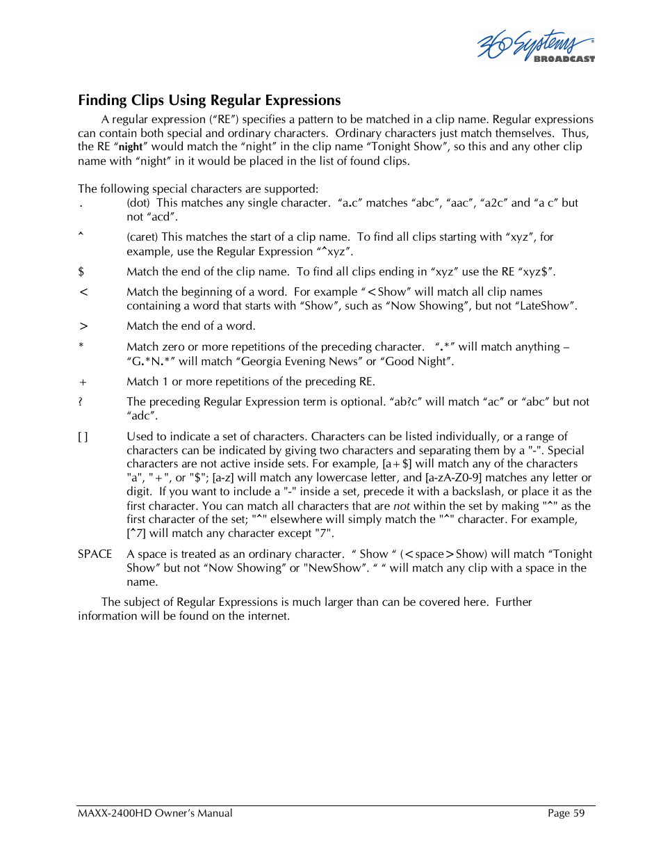 Finding clips using regular expressions | Maxxsonics High Definition Video Server MAXX-2400HD User Manual | Page 59 / 139