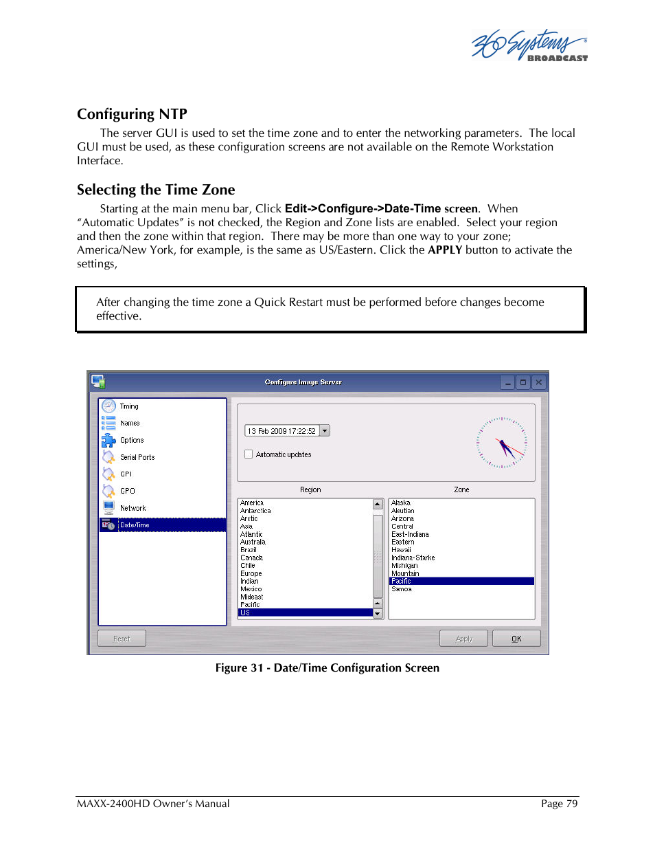 Configuring ntp, Selecting the time zone | Maxxsonics High Definition Video Server MAXX-2400HD User Manual | Page 79 / 139