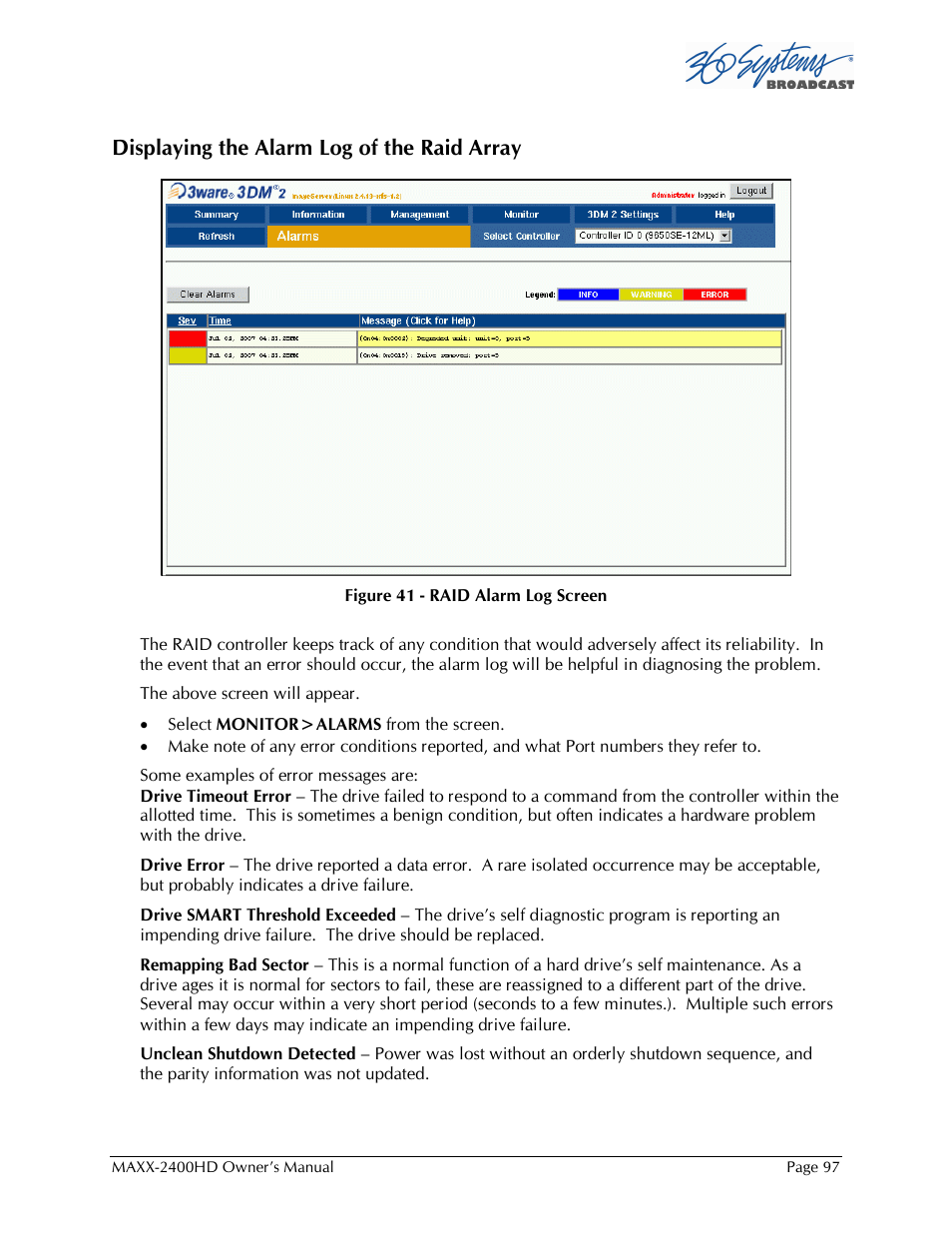 Displaying the alarm log of the raid array | Maxxsonics High Definition Video Server MAXX-2400HD User Manual | Page 97 / 139