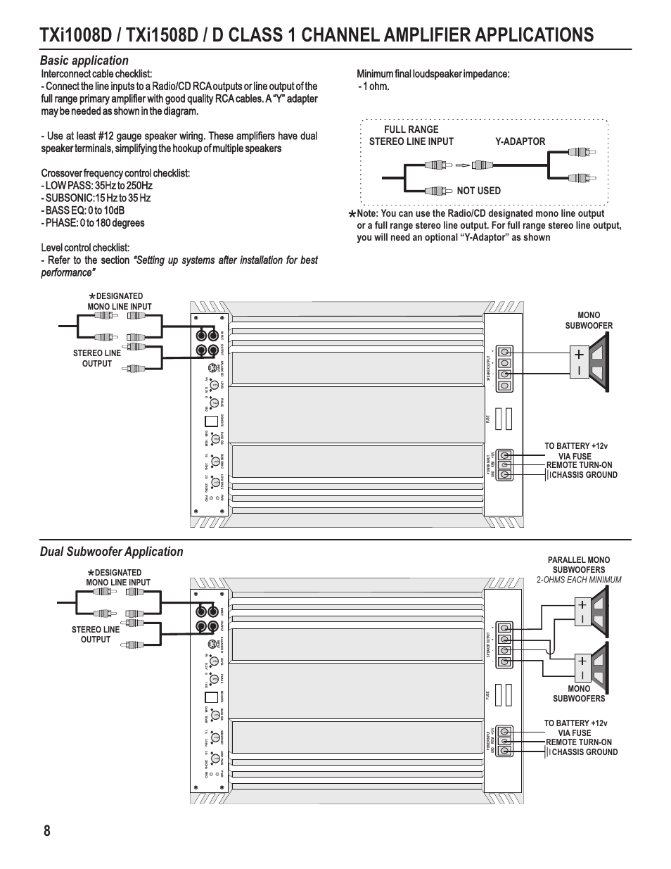 Basic application, Dual subwoofer application, Remote turn-on | Maxxsonics Hifonics TXi4408 User Manual | Page 10 / 15