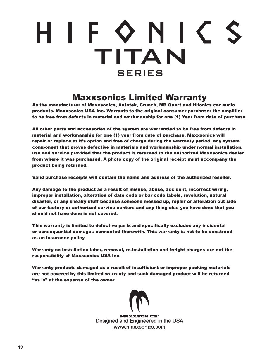 Titan, Series, Maxxsonics limited warranty | Maxxsonics Hifonics TXi4408 User Manual | Page 14 / 15