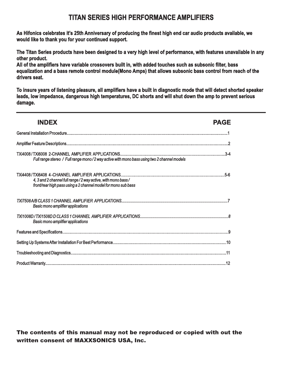 Titan series high performance amplifiers, Index page | Maxxsonics Hifonics TXi4408 User Manual | Page 2 / 15