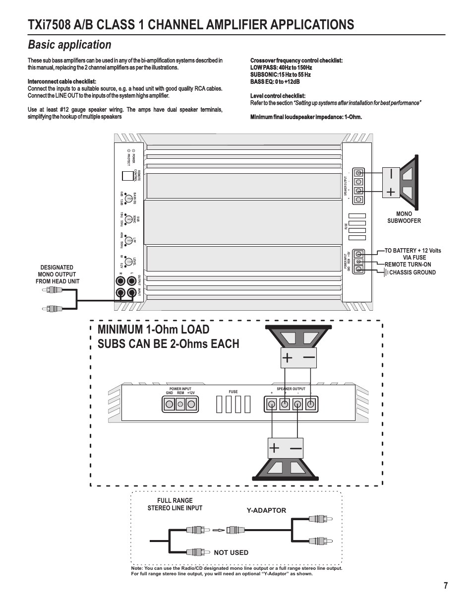 Basic application, Minimum 1-ohm load subs can be 2-ohms each, Full range stereo line input not used y-adaptor | Maxxsonics Hifonics TXi4408 User Manual | Page 9 / 15