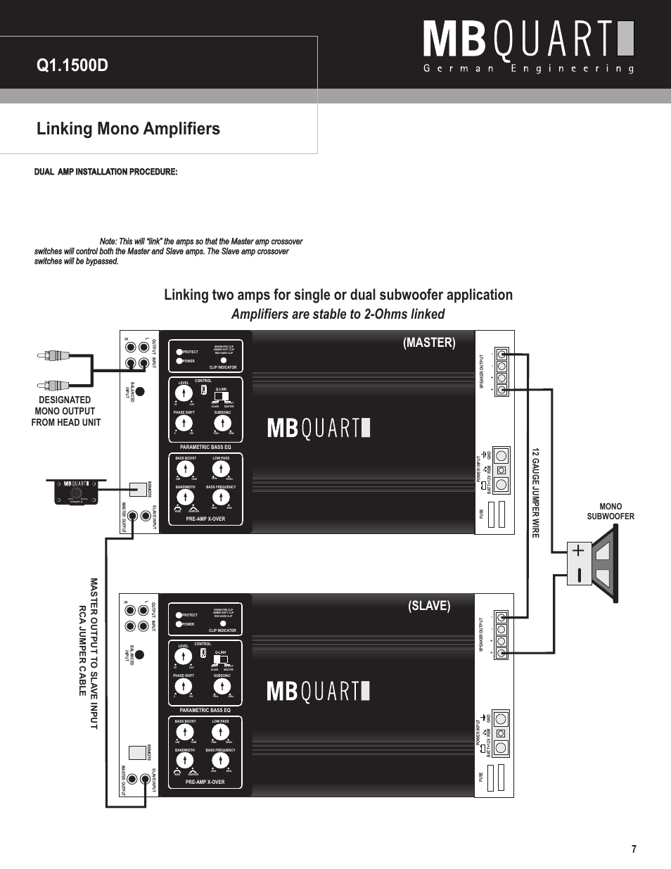 Amplifiers are stable to 2-ohms linked, Master) (slave), Designated mono output from head unit | Mono subwoofer | MB QUART Q1.1500D User Manual | Page 8 / 13