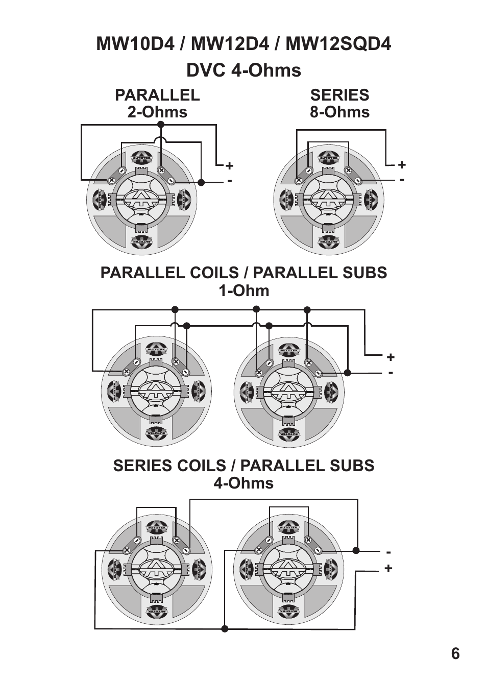 Parallel coils / parallel subs 1-ohm, Ohms series, Ohms parallel | Series coils / parallel subs 4-ohms | Maxxsonics MW10D4 User Manual | Page 7 / 11