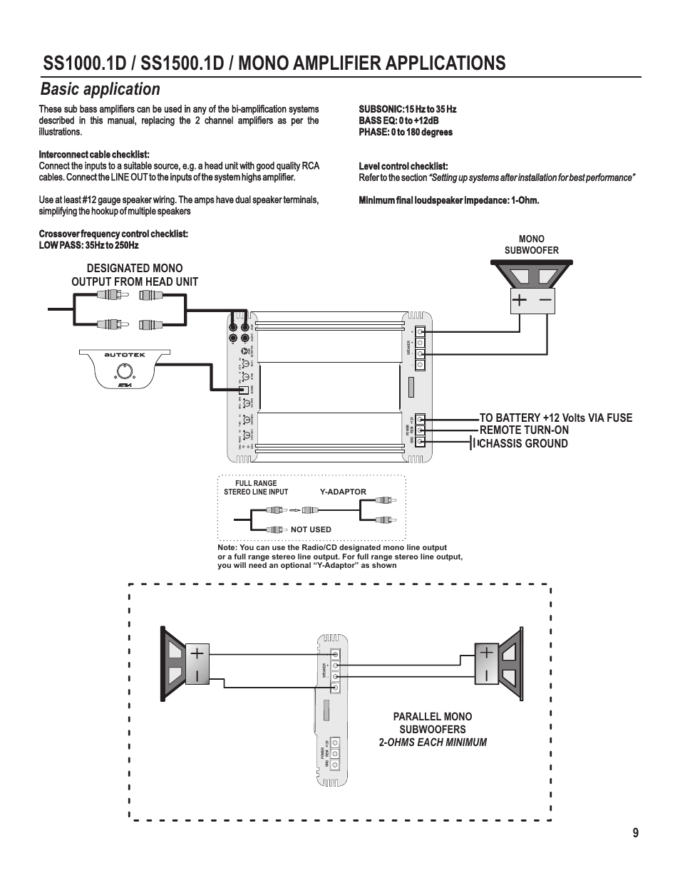 Basic application, Parallel mono subwoofers 2- ohms each minimum, Mono subwoofer | Utotek | Maxxsonics SS750.1 User Manual | Page 11 / 17