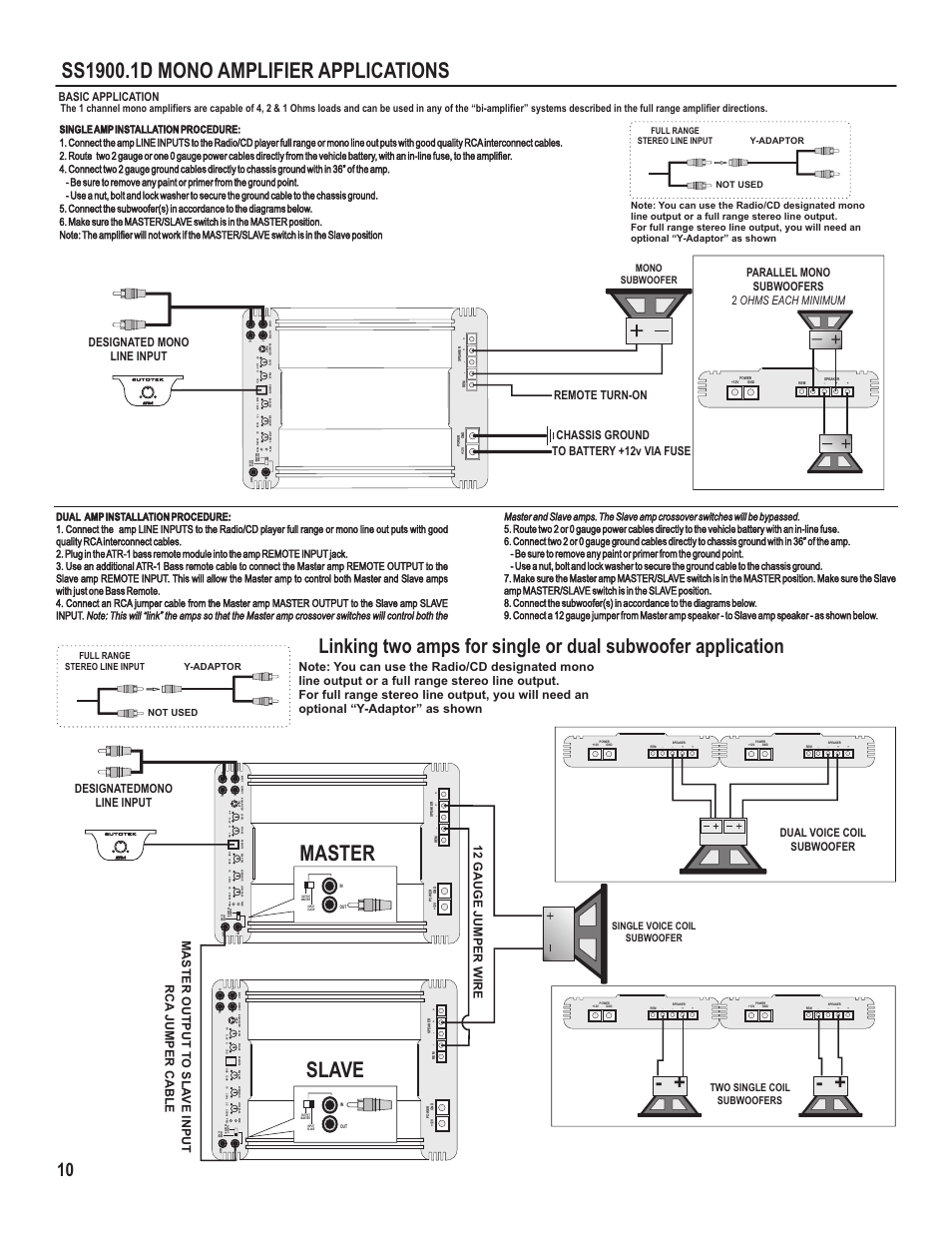 Master slave, Basic application, Dual voice coil subwoofer | Mono subwoofer, Single voice coil subwoofer, Two single coil subwoofers | Maxxsonics SS750.1 User Manual | Page 12 / 17