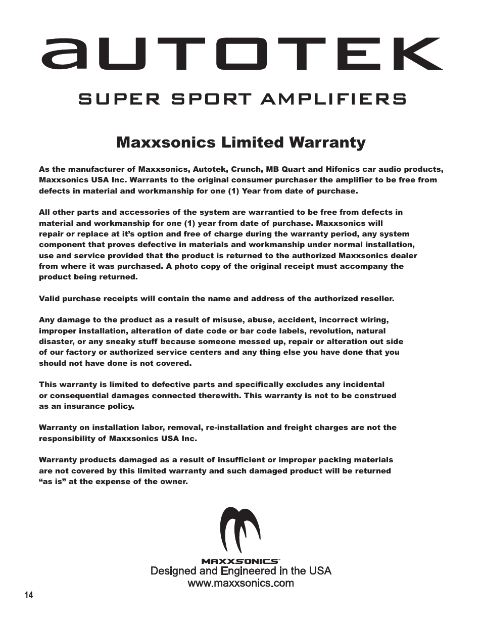Utotek, Super sport amplifiers, Maxxsonics limited warranty | Maxxsonics SS750.1 User Manual | Page 16 / 17