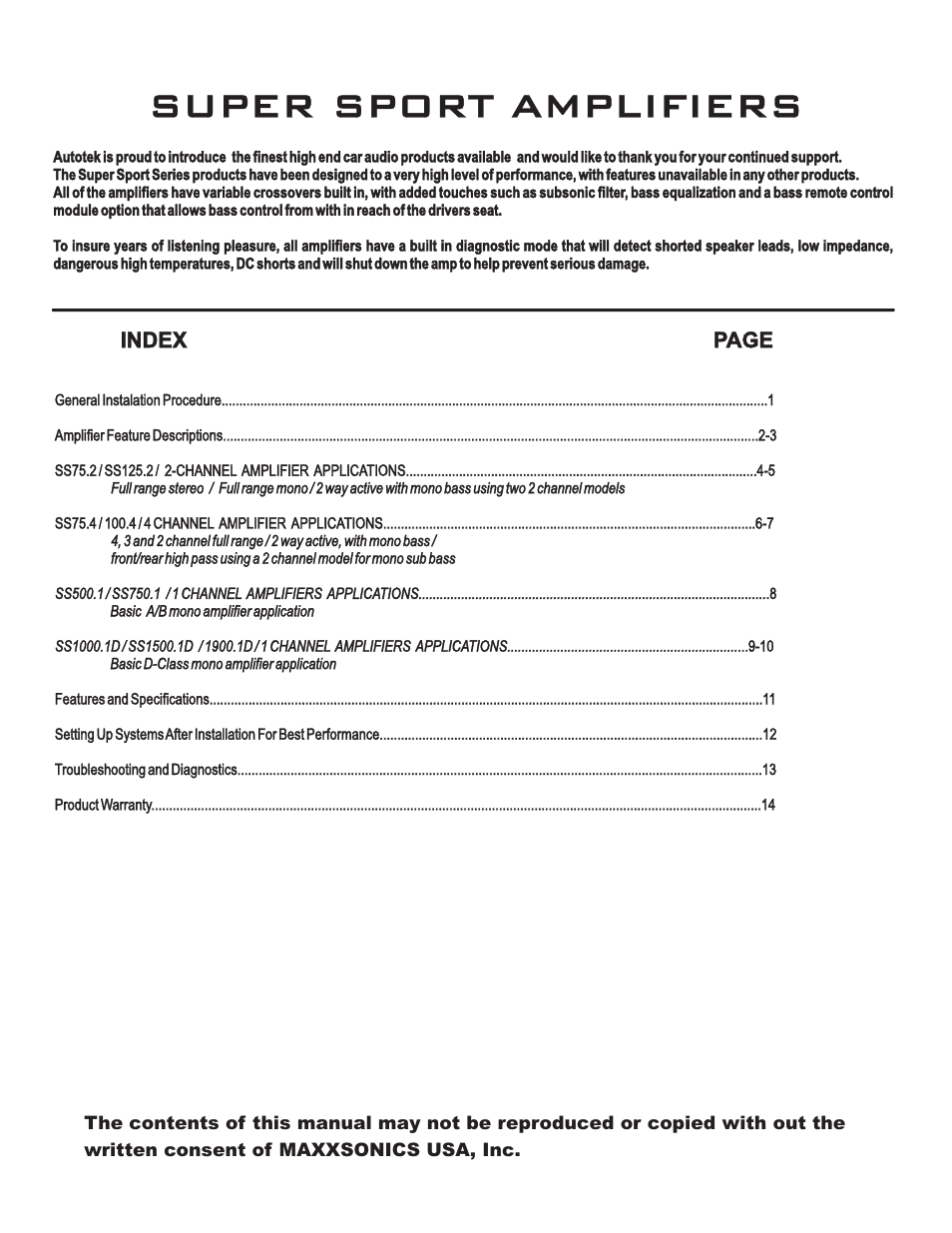 Super sport amplifiers, Index page | Maxxsonics SS750.1 User Manual | Page 2 / 17