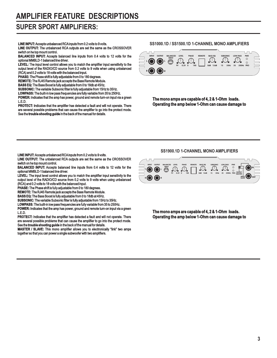 Amplifier feature descriptions, Super sport amplifiers | Maxxsonics SS750.1 User Manual | Page 5 / 17
